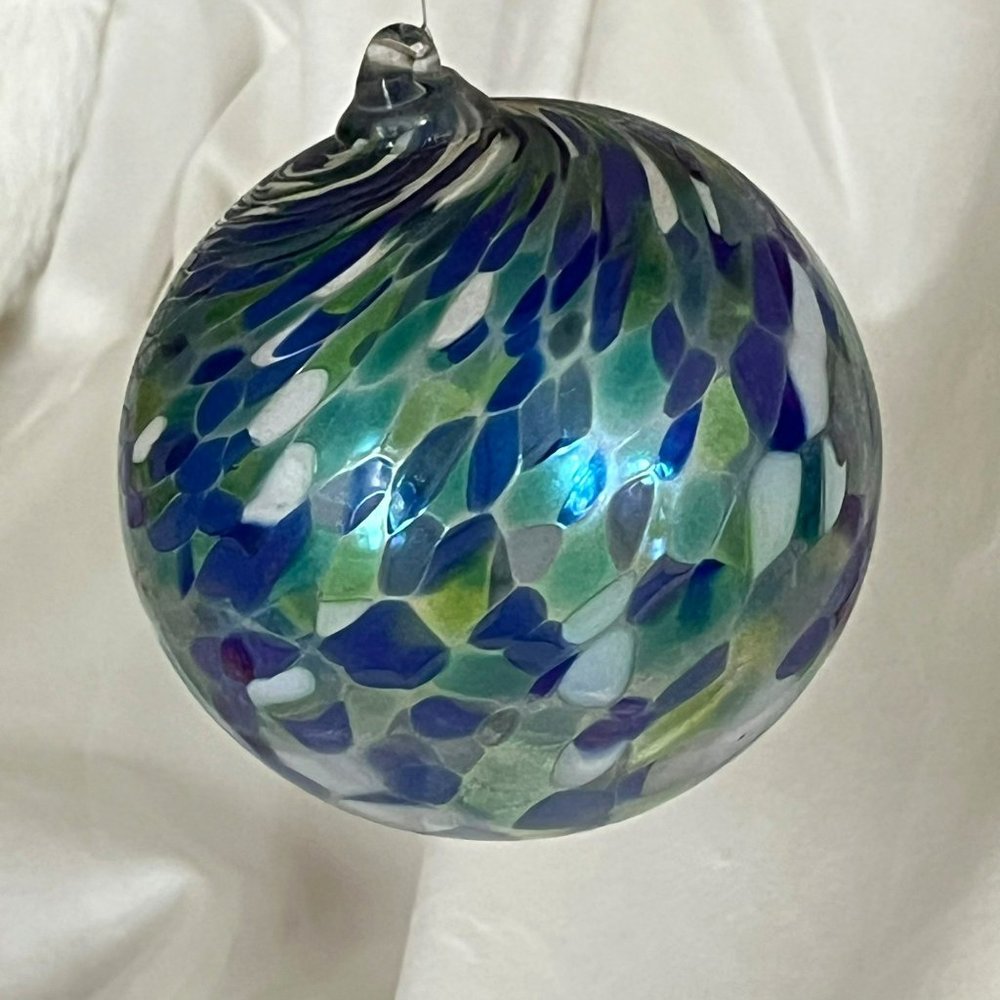 Hand-Blown Large Glass Ornament Shades of Blue Iridescent 4-1/2" Round